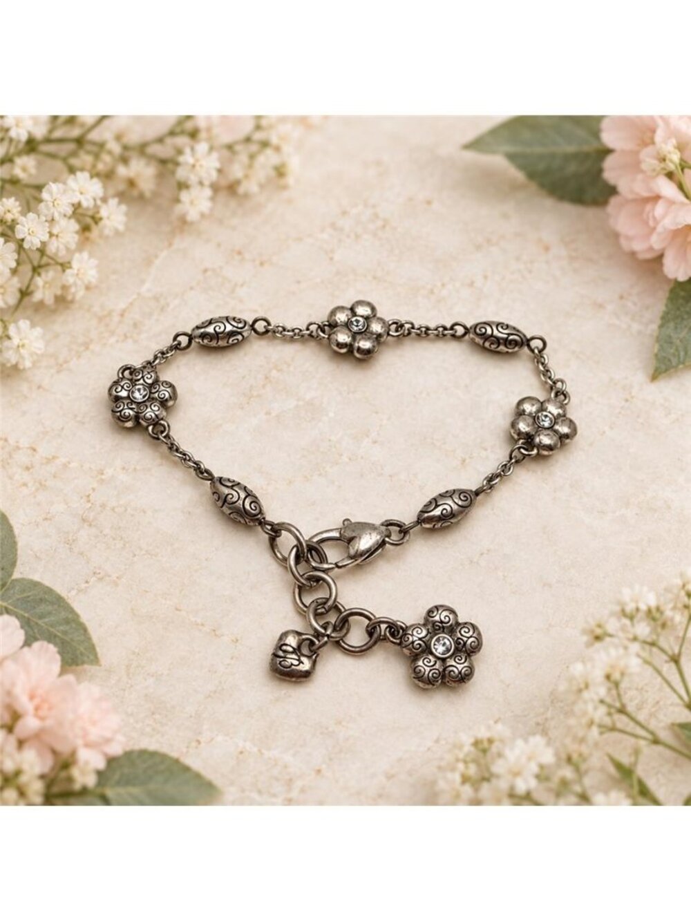 Silver Crystal Daisy Flower Station Bracelet Brighton 7-8 In Adjustable